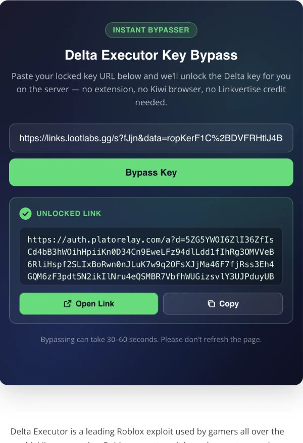 Delta Executor Key Bypass tool showing the unlocked output link