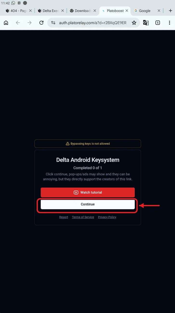 Delta Android Keysystem checkpoint page with the Continue button highlighted