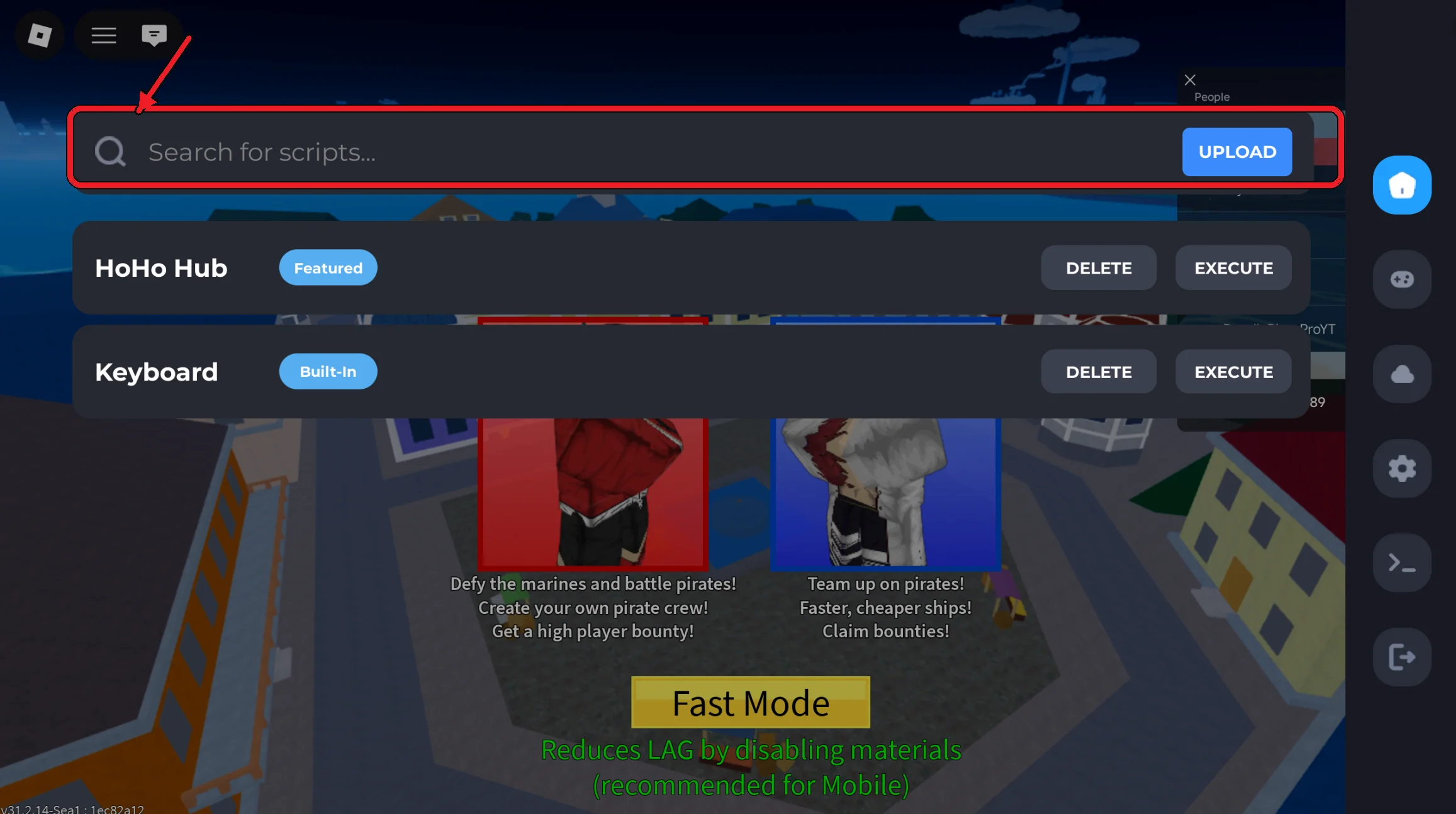 Delta Executor interface with the script search bar highlighted