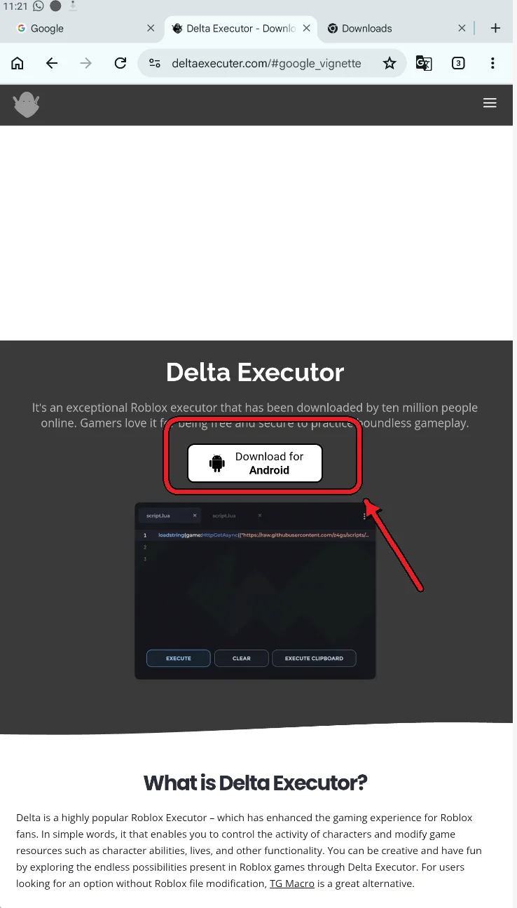 Delta Executor homepage with the Download for Android button highlighted