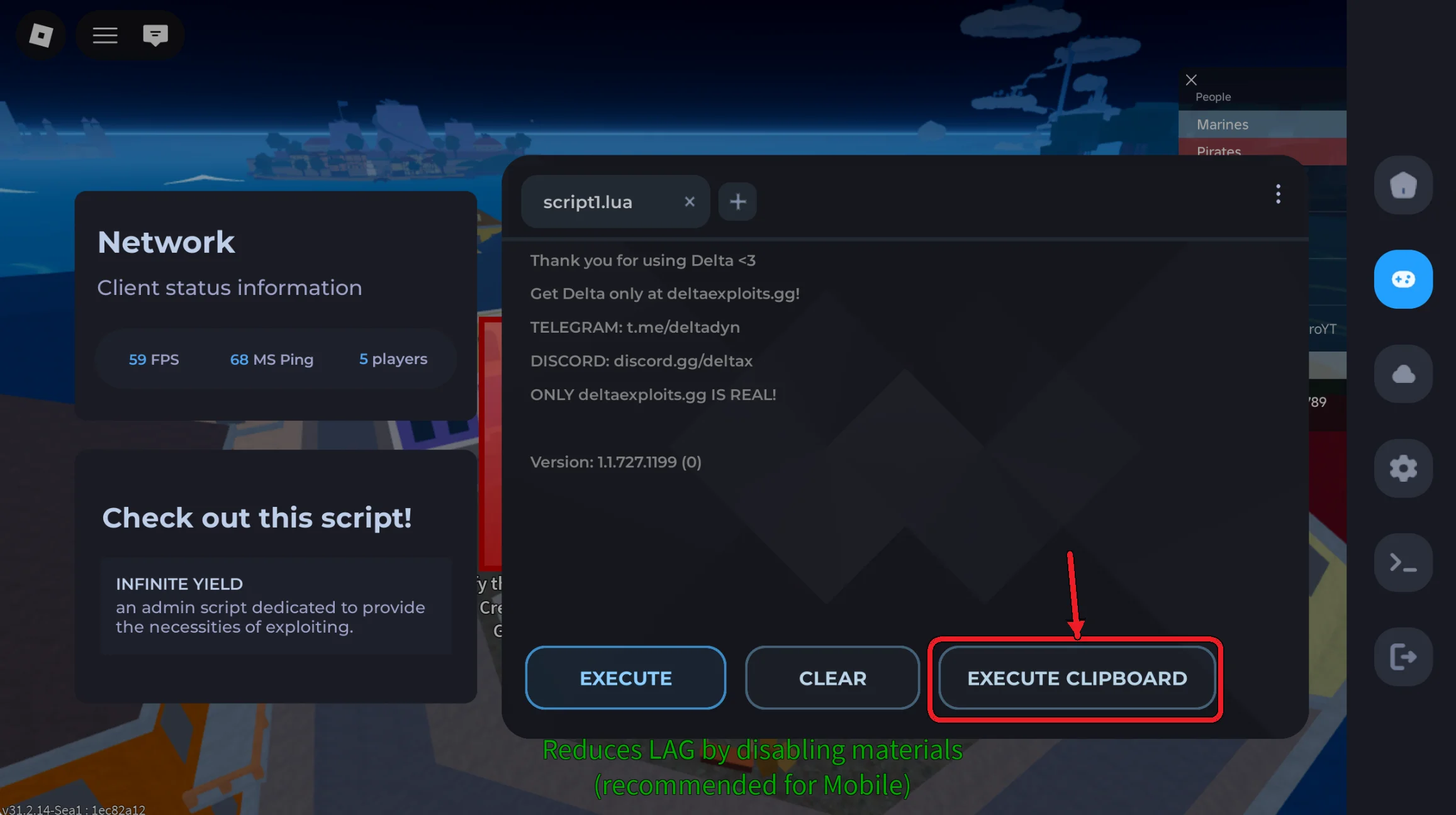 Delta script editor with a script pasted in and the Execute Clipboard button highlighted