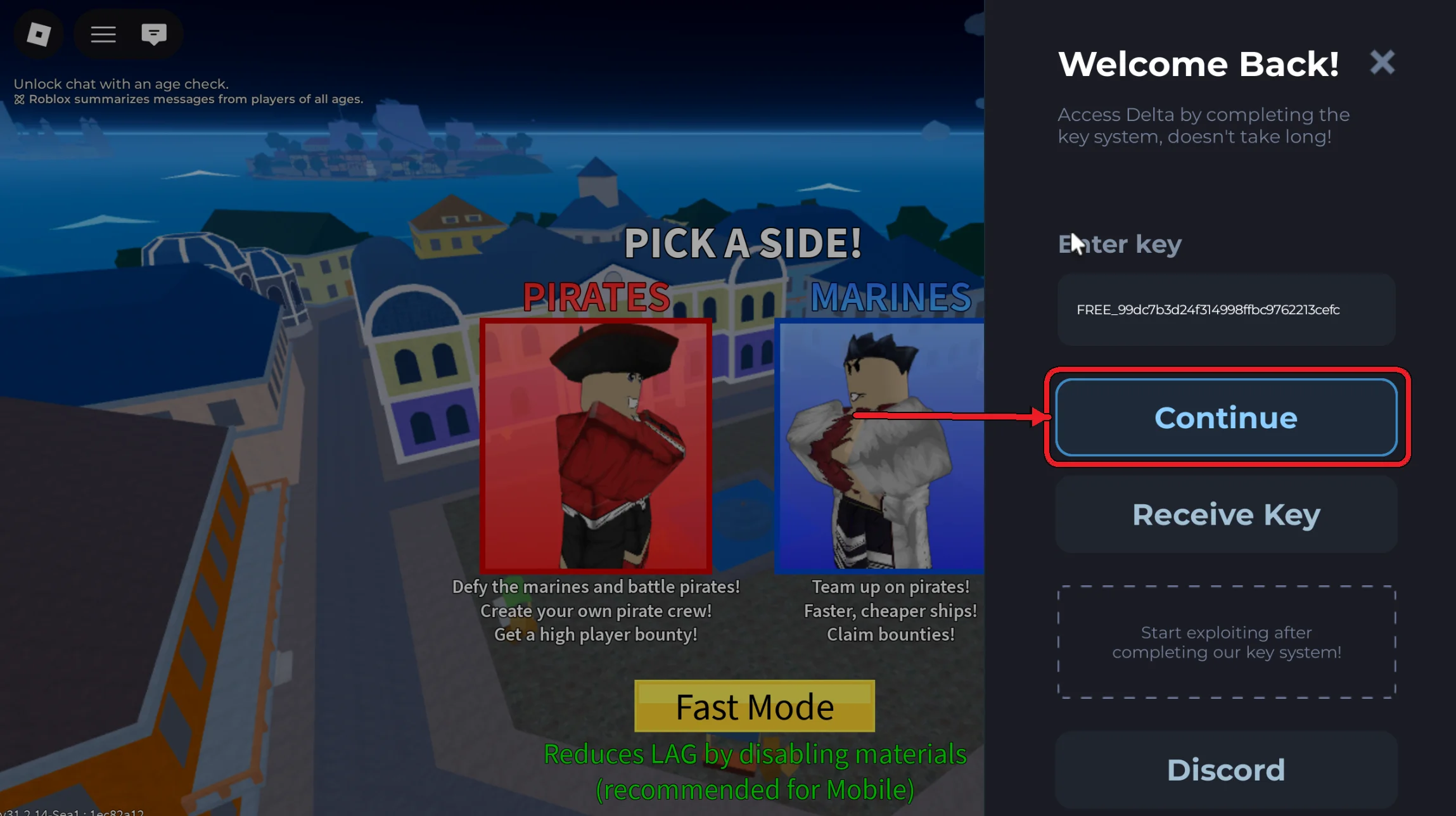 Delta panel with the key pasted into the Enter key field and the Continue button highlighted