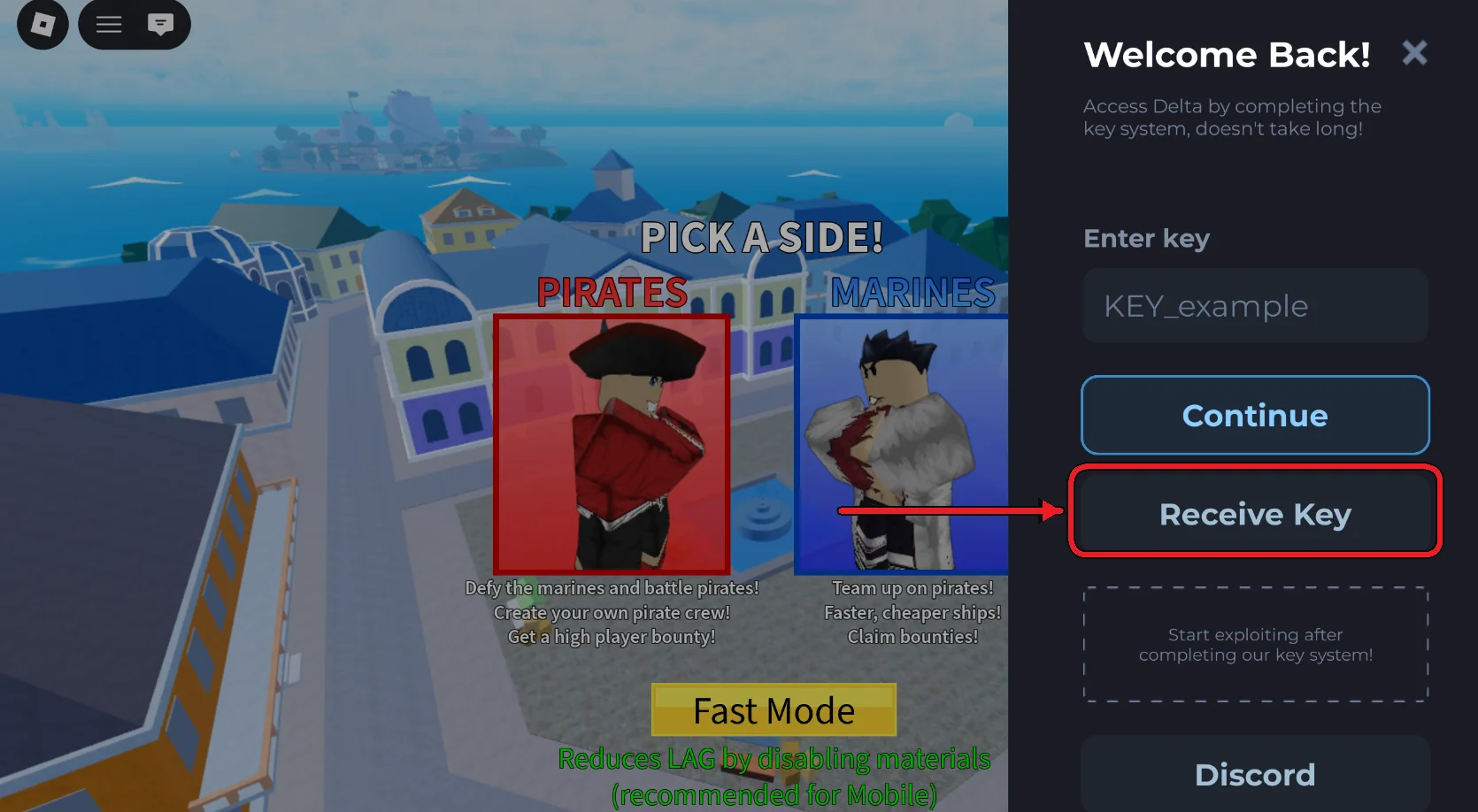 Blox Fruits with the Delta panel open, showing the Receive Key button highlighted