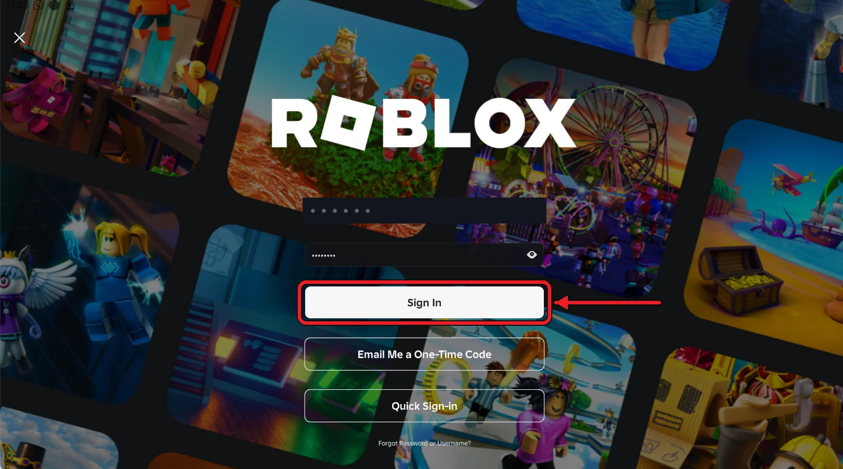 Roblox login screen with the Sign In button highlighted