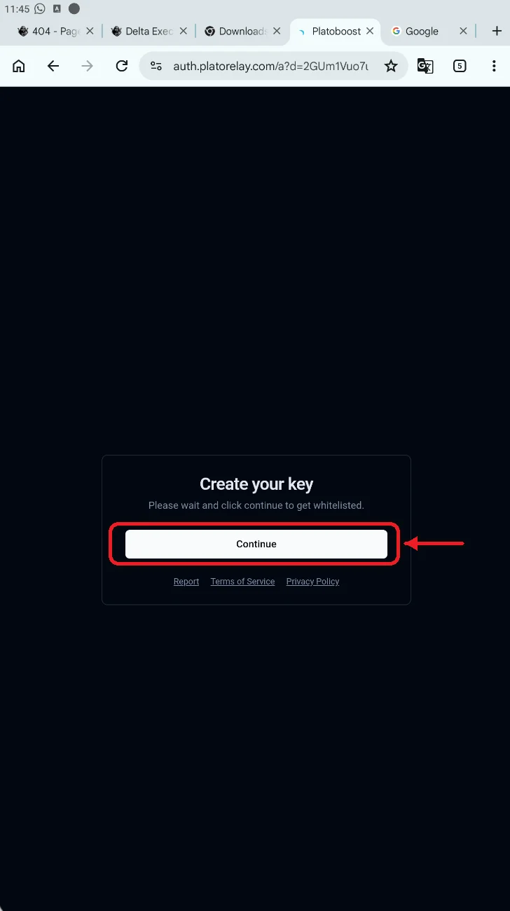 Create your key page with the Continue button highlighted