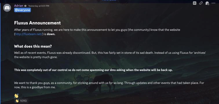 Fluxus discontinued announcement screenshot