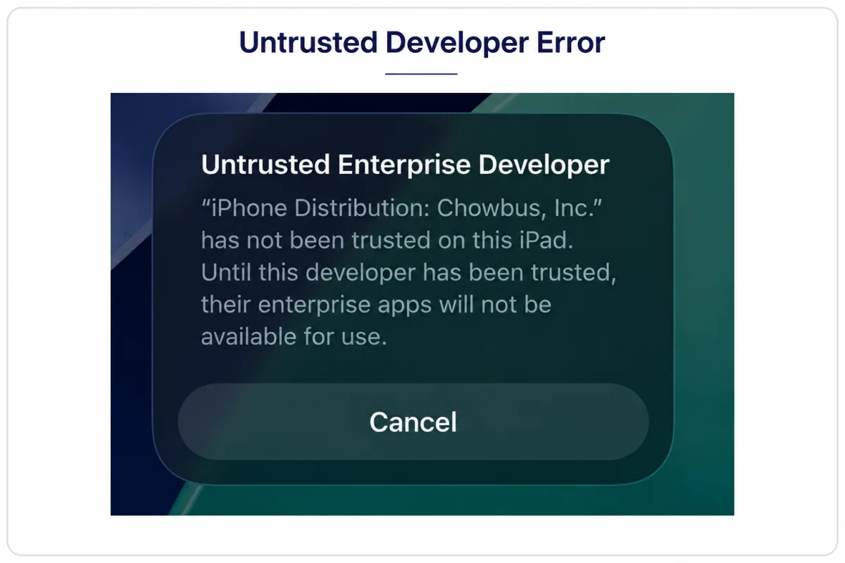 Developer warning example on iPad