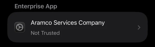Enterprise App listing in iOS Settings, showing the profile as Not Trusted