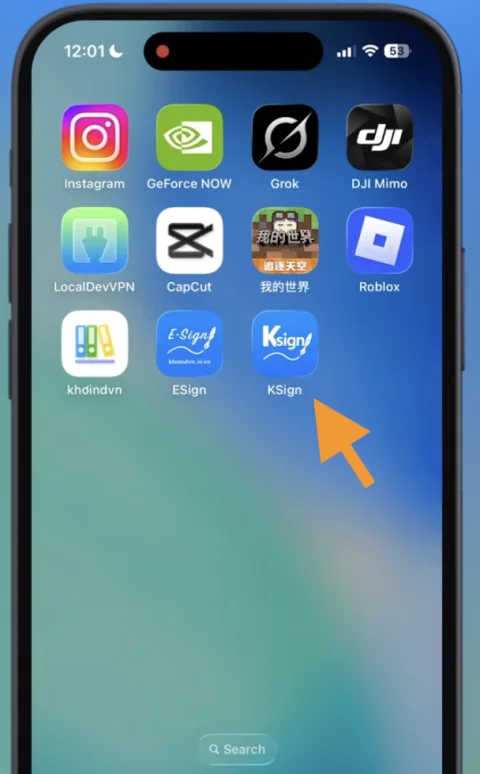 Home screen showing Ksign and E-Sign sideloading apps