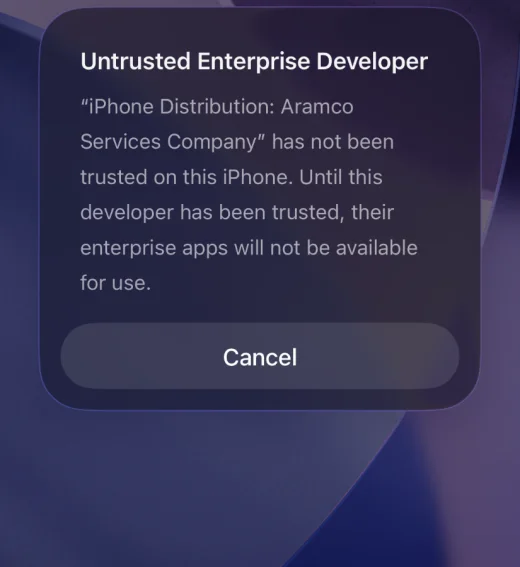 iOS dialog: Untrusted Enterprise Developer