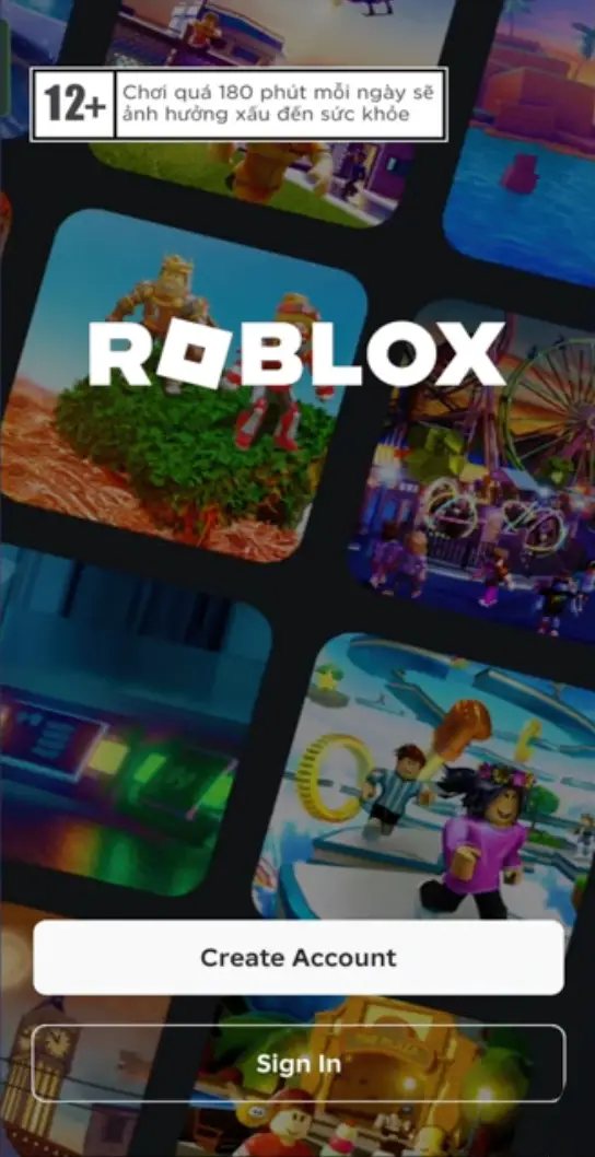 Roblox VNG sign-in screen on Android showing the Vietnamese health warning and Create Account / Sign In buttons